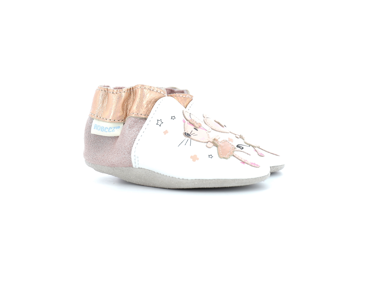 Chaussons cuir dancing mouse Robeez blanc/rose